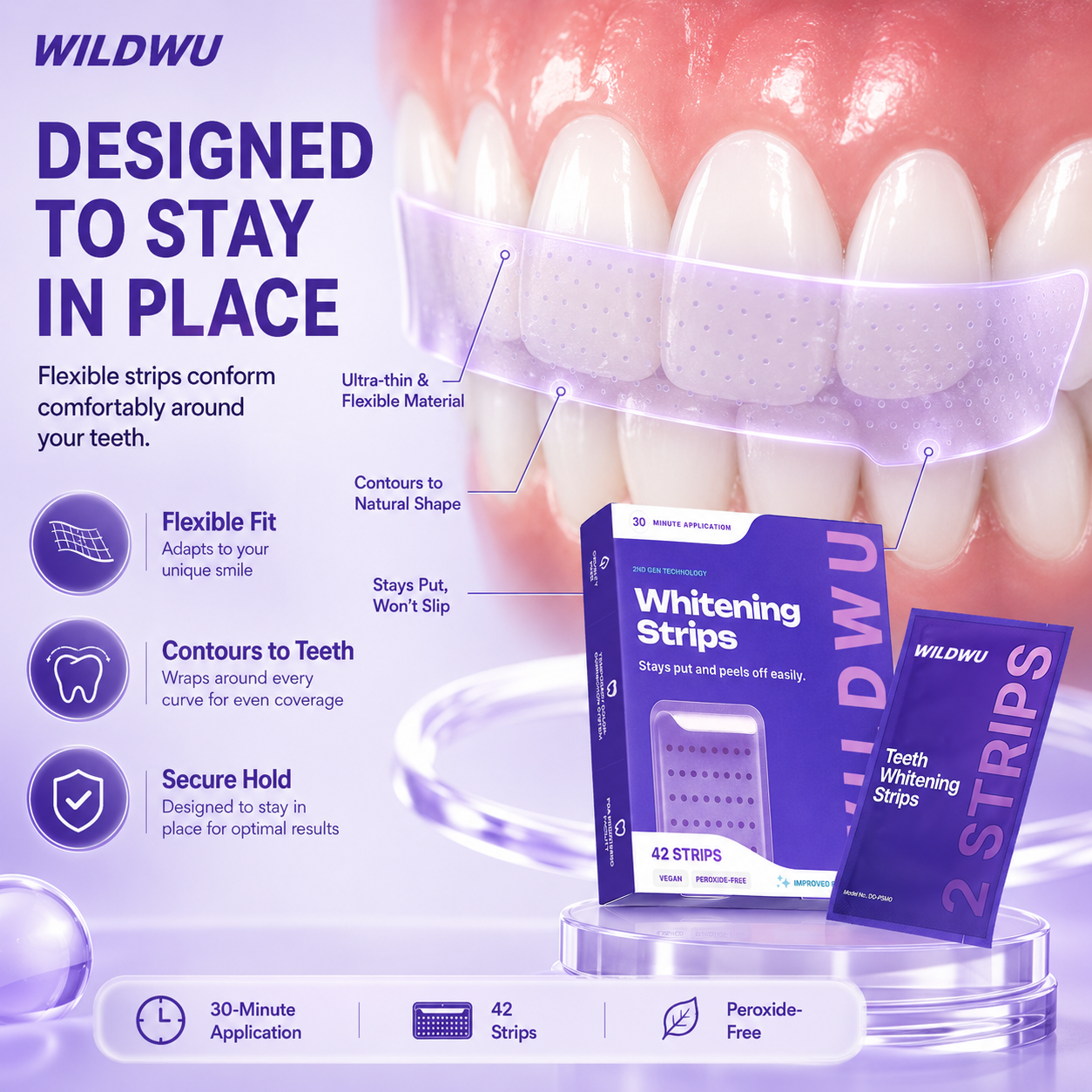 Wildwu Purple Teeth Whitening Strips - Non Sensitive Teeth Whitening - Peroxide-Free