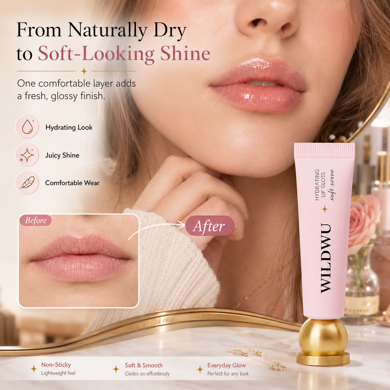 Wildwu Hydrating Lip Gloss - High Shine & Tinted, Infused with Hyaluronic Acid, Jojoba Oil & Shea Butter