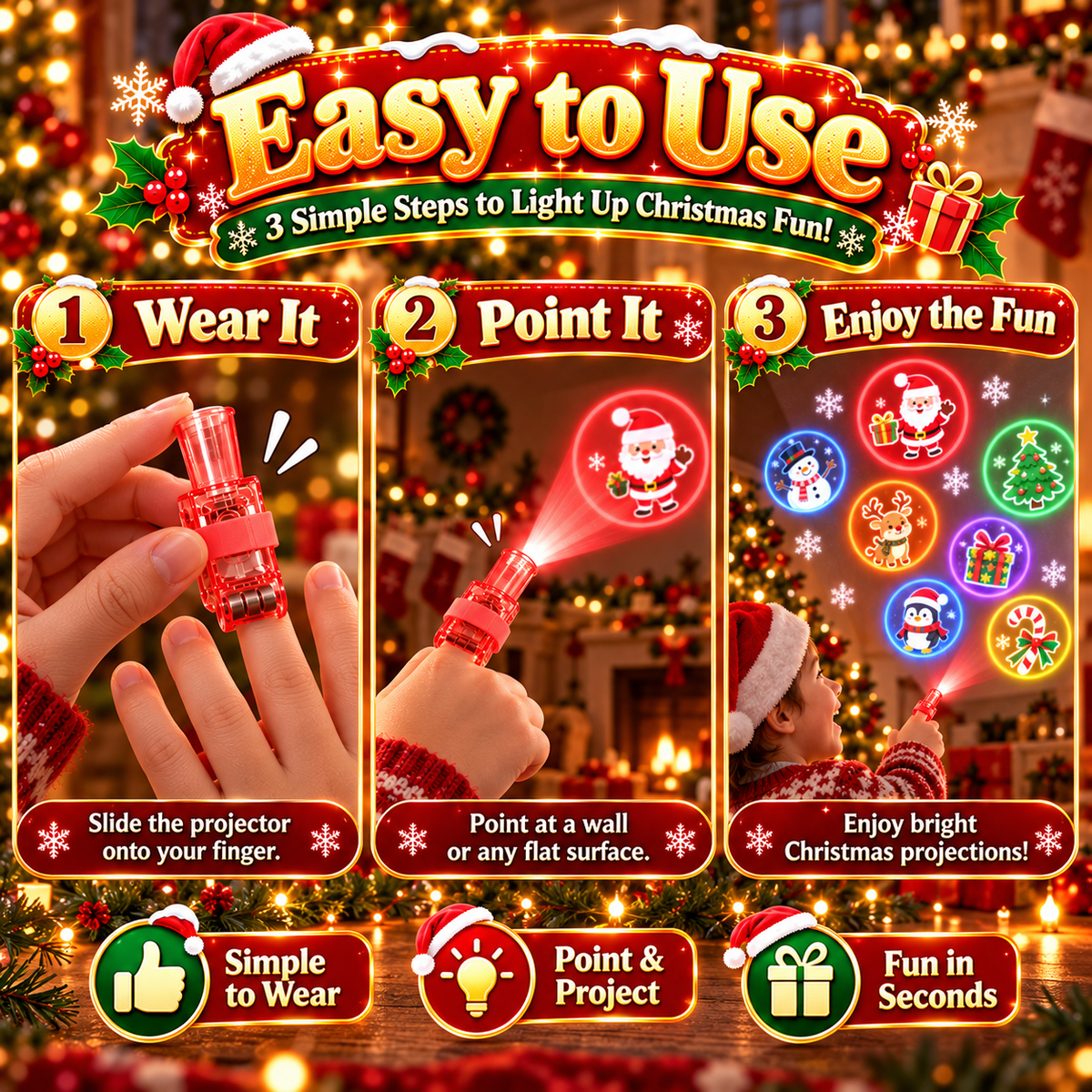 Christmas Finger Projector Lights – LED Santa & Snowman Toys, Stocking Stuffers & Party Favors