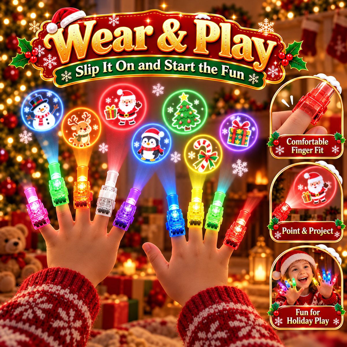 Christmas Finger Projector Lights – LED Santa & Snowman Toys, Stocking Stuffers & Party Favors
