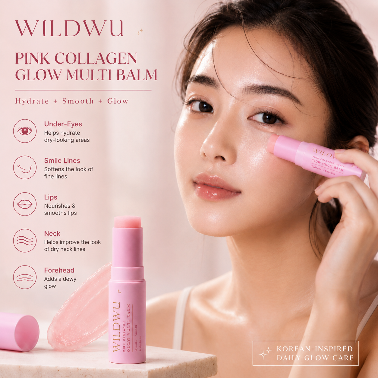 Wildwu Pink Collagen Glow Multi Balm for Under-Eyes, Smile Lines, Neck & Lips