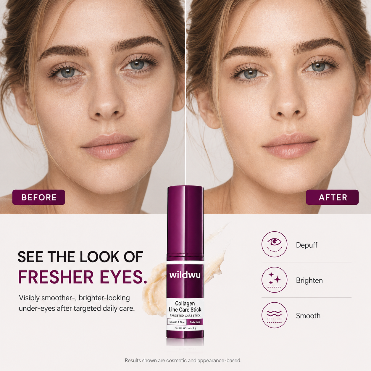 Wildwu™ Collagen Eye Balm Stick, Hydrating Under Eye Moisture Balm for Dry Fine Lines, Portable Eye Care Stick 9g
