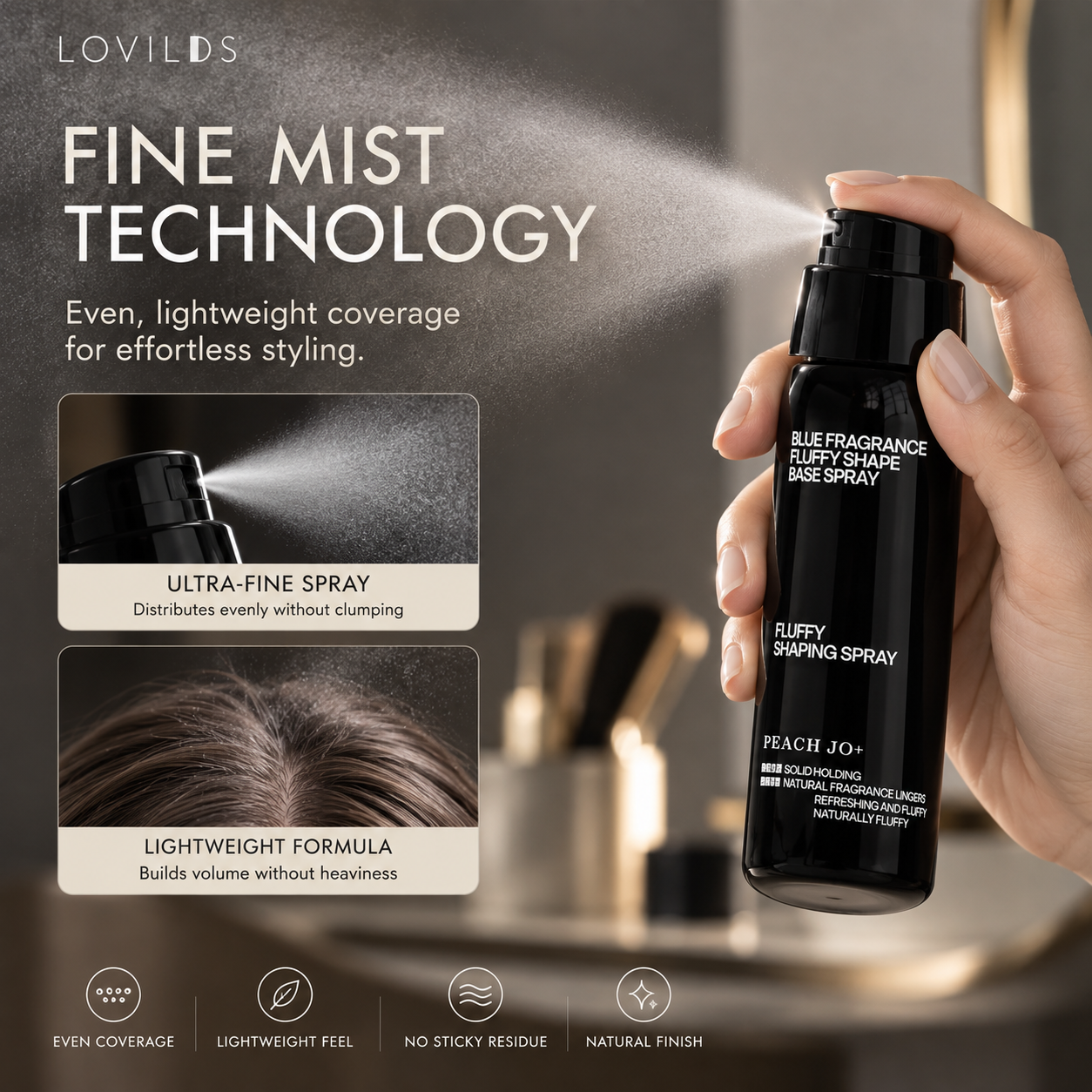 LOVILDS Peach Volumizing & Hold Hair Spray – Lightweight, Bouncy Volume & Long-Lasting Style