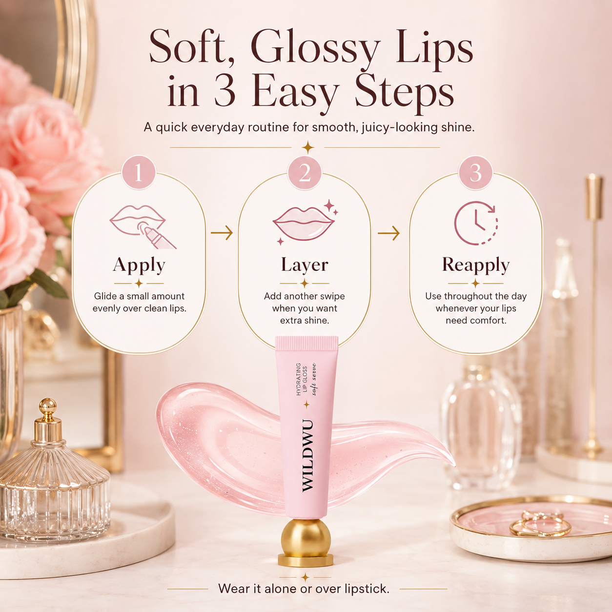 Wildwu Hydrating Lip Gloss - High Shine & Tinted, Infused with Hyaluronic Acid, Jojoba Oil & Shea Butter