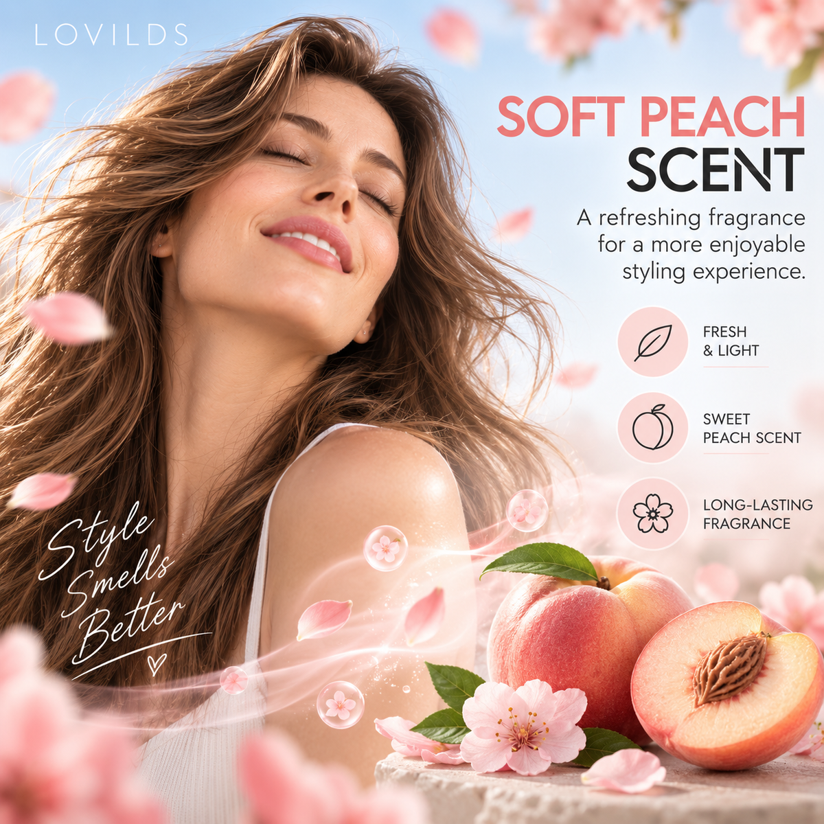 LOVILDS Peach Volumizing & Hold Hair Spray – Lightweight, Bouncy Volume & Long-Lasting Style
