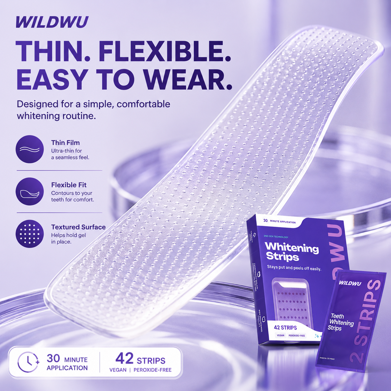 Wildwu Purple Teeth Whitening Strips - Non Sensitive Teeth Whitening - Peroxide-Free